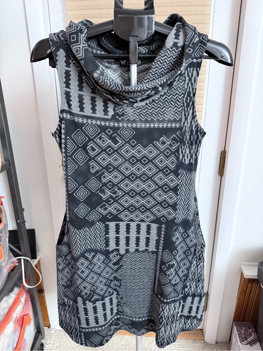 Bohemian Whimsigoth geometric print black and gray cowl neck dress pockets